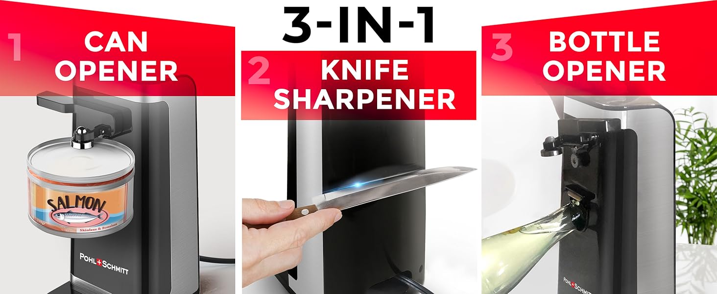 POHL SCHMITT Electric Can Opener with Knife Sharpener and Bottle Opener