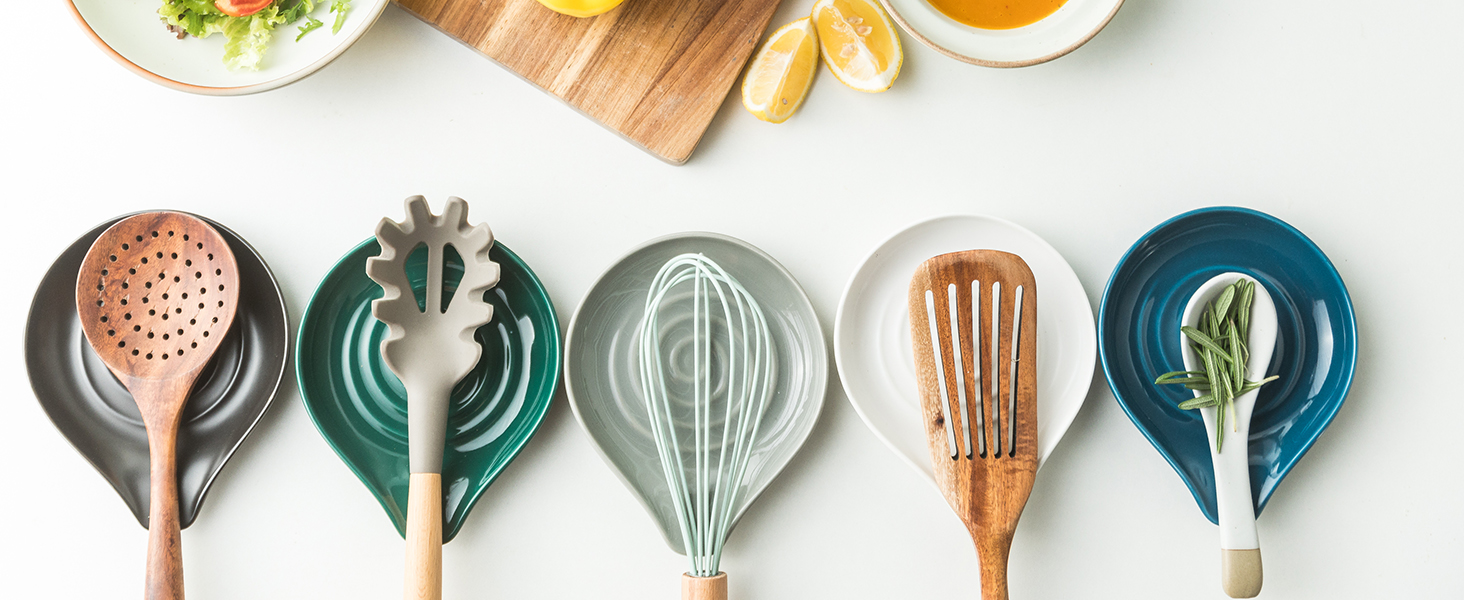 LAUCHUH Spoon Rest, Ceramic Spoon Holder for Stove Top Ladle Holder for Kitchen Countertop Cooking Utensil Rest for Spatula, Tongs, Heat-Resistant Framhouse Decor for Mother's Day, Blue, 5 Inches