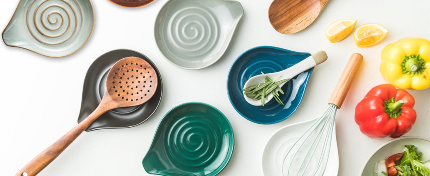 LAUCHUH Spoon Rest, Ceramic Spoon Holder for Stove Top Ladle Holder for Kitchen Countertop Cooking Utensil Rest for Spatula, Tongs, Heat-Resistant Framhouse Decor for Mother's Day, Blue, 5 Inches