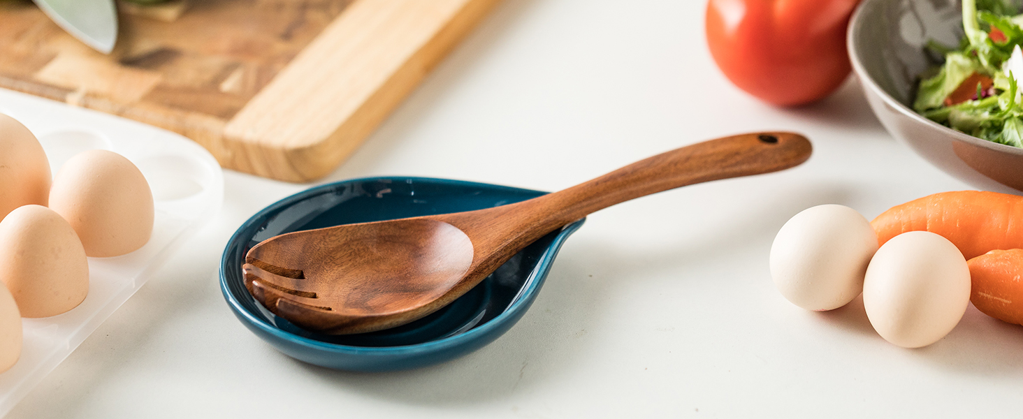 LAUCHUH Spoon Rest, Ceramic Spoon Holder for Stove Top Ladle Holder for Kitchen Countertop Cooking Utensil Rest for Spatula, Tongs, Heat-Resistant Framhouse Decor for Mother's Day, Blue, 5 Inches