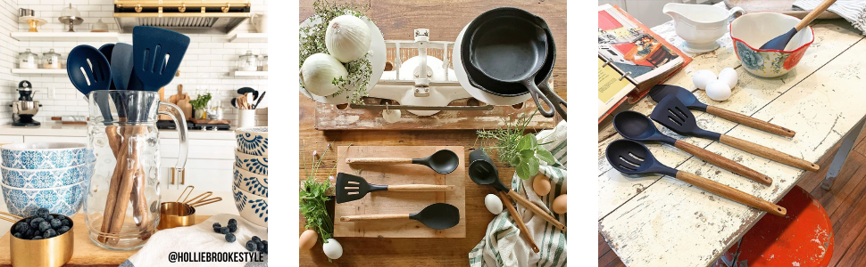 Miusco Non-Stick Silicone Cooking Utensils Set with Natural Acacia Hard Wood Handle, 5 Piece, High Heat Resistant (Green)