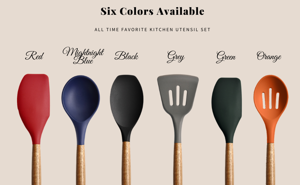 Miusco Non-Stick Silicone Cooking Utensils Set with Natural Acacia Hard Wood Handle, 5 Piece, High Heat Resistant (Green)