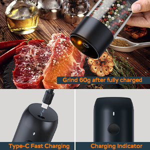 TOMEEM Electric Salt and Pepper Grinder Set with LED Lights – Rechargeable Automatic Pepper and Salt Mill with 6 Adjustable Coarseness for Kitchen, BBQ & Gifts