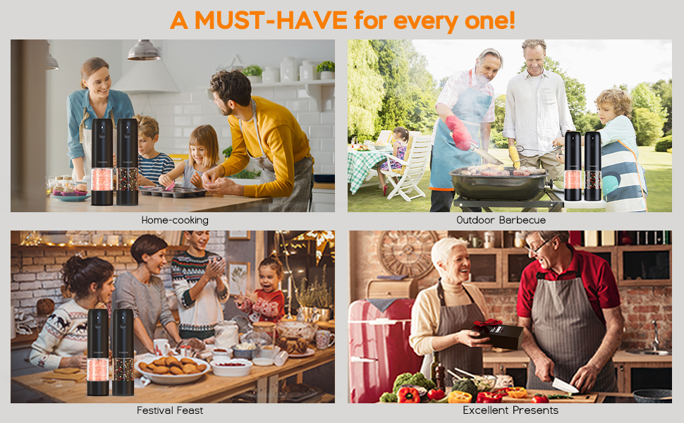 TOMEEM Electric Salt and Pepper Grinder Set with LED Lights – Rechargeable Automatic Pepper and Salt Mill with 6 Adjustable Coarseness for Kitchen, BBQ & Gifts