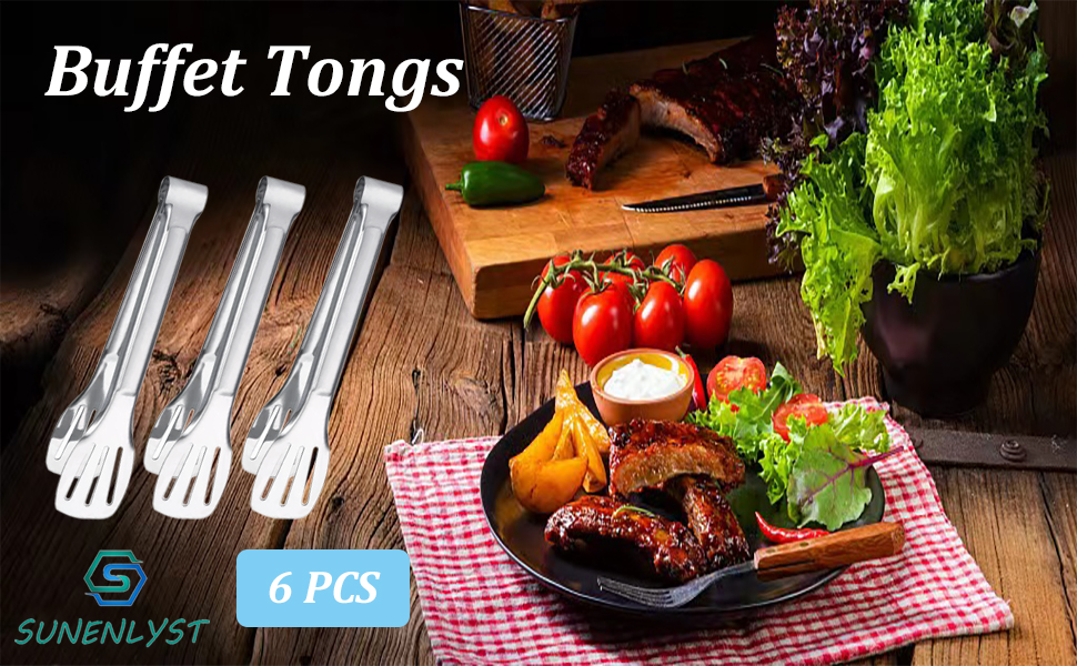 6PCS Serving Tongs, 7Inch Buffet Tongs, Stainless Steel Food Tong Small Serving Utensils for Cooking, Entertaining, Salad, Barbecue, Buffet, Toast and Steak by Sunenlyst (Stainless buffet tongs)