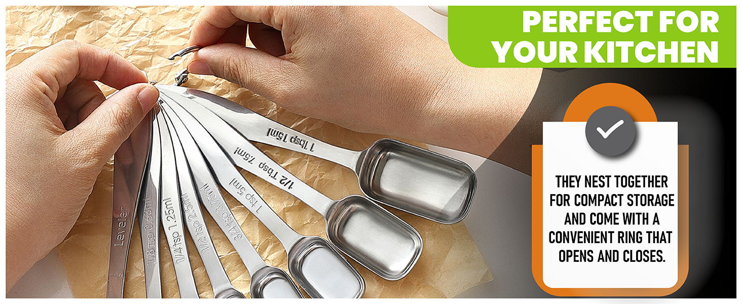 Spring Chef Stainless Steel Measuring Spoons Set of 6 with Leveler, Rectangular Metal Teaspoon & Tablespoon Measuring Spoons for Dry & Liquid Ingredients - Nesting Kitchen Gadgets For Baking & Cooking