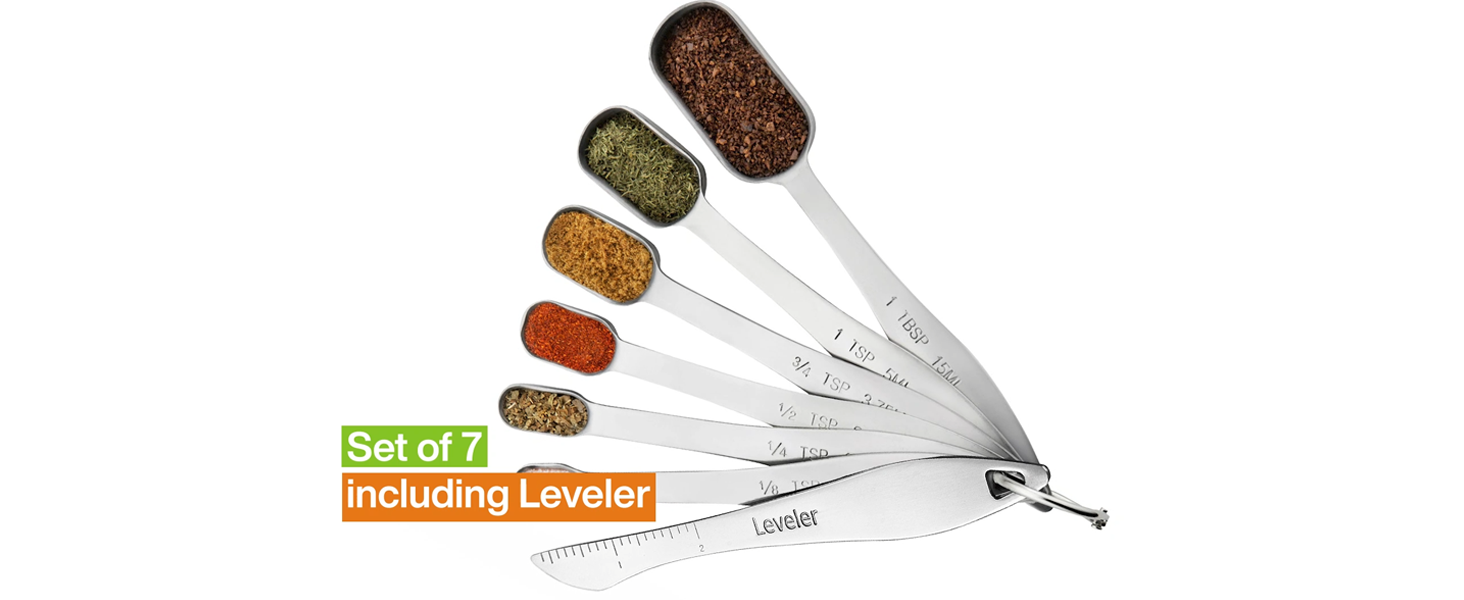 Spring Chef Stainless Steel Measuring Spoons Set of 6 with Leveler, Rectangular Metal Teaspoon & Tablespoon Measuring Spoons for Dry & Liquid Ingredients - Nesting Kitchen Gadgets For Baking & Cooking