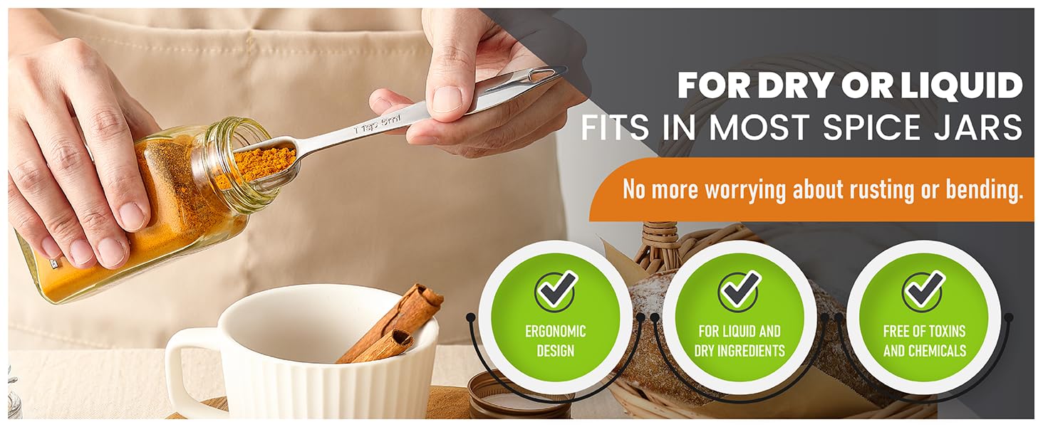 Spring Chef Stainless Steel Measuring Spoons Set of 6 with Leveler, Rectangular Metal Teaspoon & Tablespoon Measuring Spoons for Dry & Liquid Ingredients - Nesting Kitchen Gadgets For Baking & Cooking