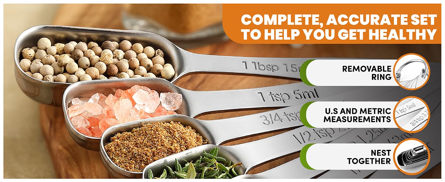 Spring Chef Stainless Steel Measuring Spoons Set of 6 with Leveler, Rectangular Metal Teaspoon & Tablespoon Measuring Spoons for Dry & Liquid Ingredients - Nesting Kitchen Gadgets For Baking & Cooking