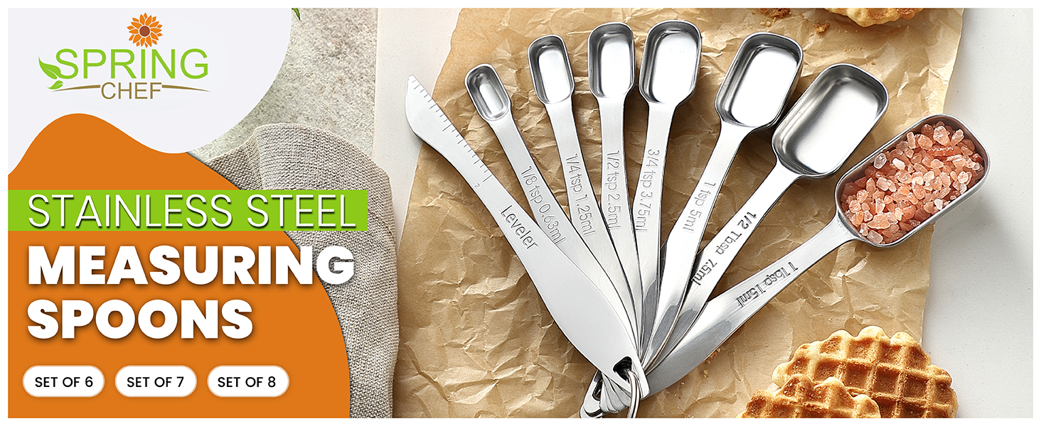 Spring Chef Stainless Steel Measuring Spoons Set of 6 with Leveler, Rectangular Metal Teaspoon & Tablespoon Measuring Spoons for Dry & Liquid Ingredients - Nesting Kitchen Gadgets For Baking & Cooking