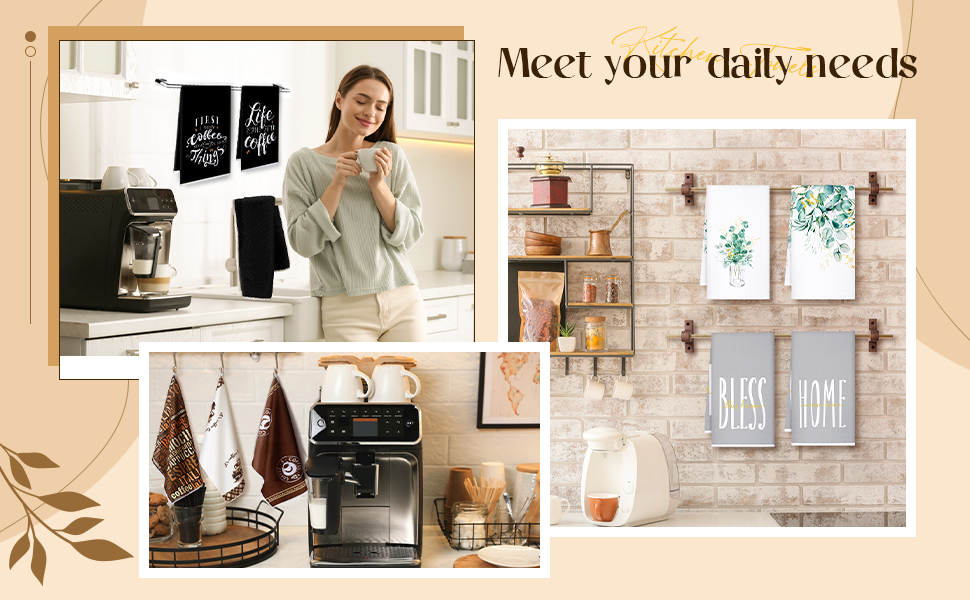 Ferraycle 4 Pieces Kitchen Dish Cloths Coffee Kitchen Hand Towels Absorbent Tea Towels 24 x 16 Inches, Cafe Lover Gift Bar Decorative Dish Cloths Rags, for Farmhouse(Mainly White,Cup Pattern)