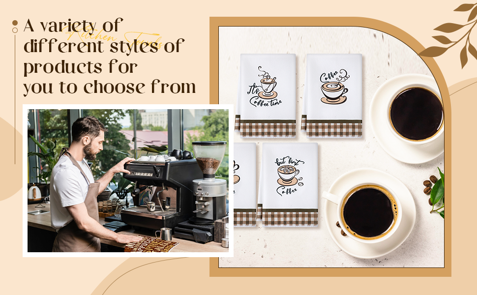 Ferraycle 4 Pieces Kitchen Dish Cloths Coffee Kitchen Hand Towels Absorbent Tea Towels 24 x 16 Inches, Cafe Lover Gift Bar Decorative Dish Cloths Rags, for Farmhouse(Mainly White,Cup Pattern)