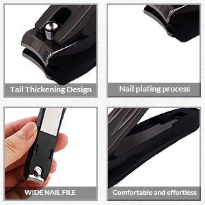 Precision Nail Clippers with Nail Catcher No Splash, Black Stainless Steel Manicure Tools