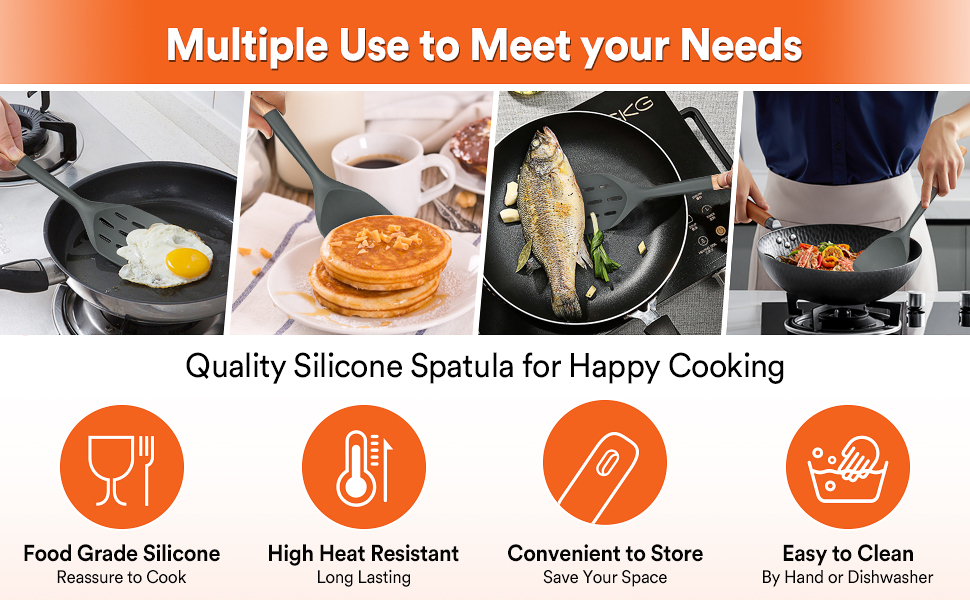 Pack of 2 Silicone Spatula, Non Stick Cooking Utensil Set Wooden Handle Kitchen Turner for Baking Mixing Grilling Serving Food Heat Resistant Non Scratch Hooks Included (Grey)