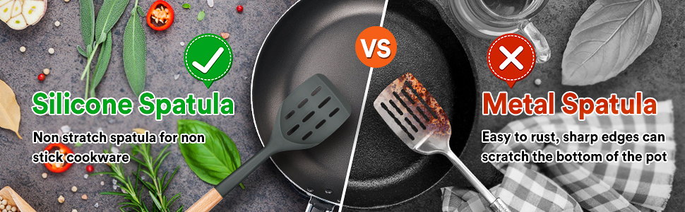 Pack of 2 Silicone Spatula, Non Stick Cooking Utensil Set Wooden Handle Kitchen Turner for Baking Mixing Grilling Serving Food Heat Resistant Non Scratch Hooks Included (Grey)