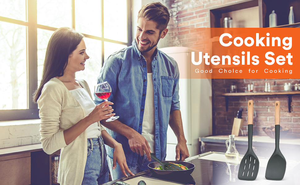 Pack of 2 Silicone Spatula, Non Stick Cooking Utensil Set Wooden Handle Kitchen Turner for Baking Mixing Grilling Serving Food Heat Resistant Non Scratch Hooks Included (Grey)