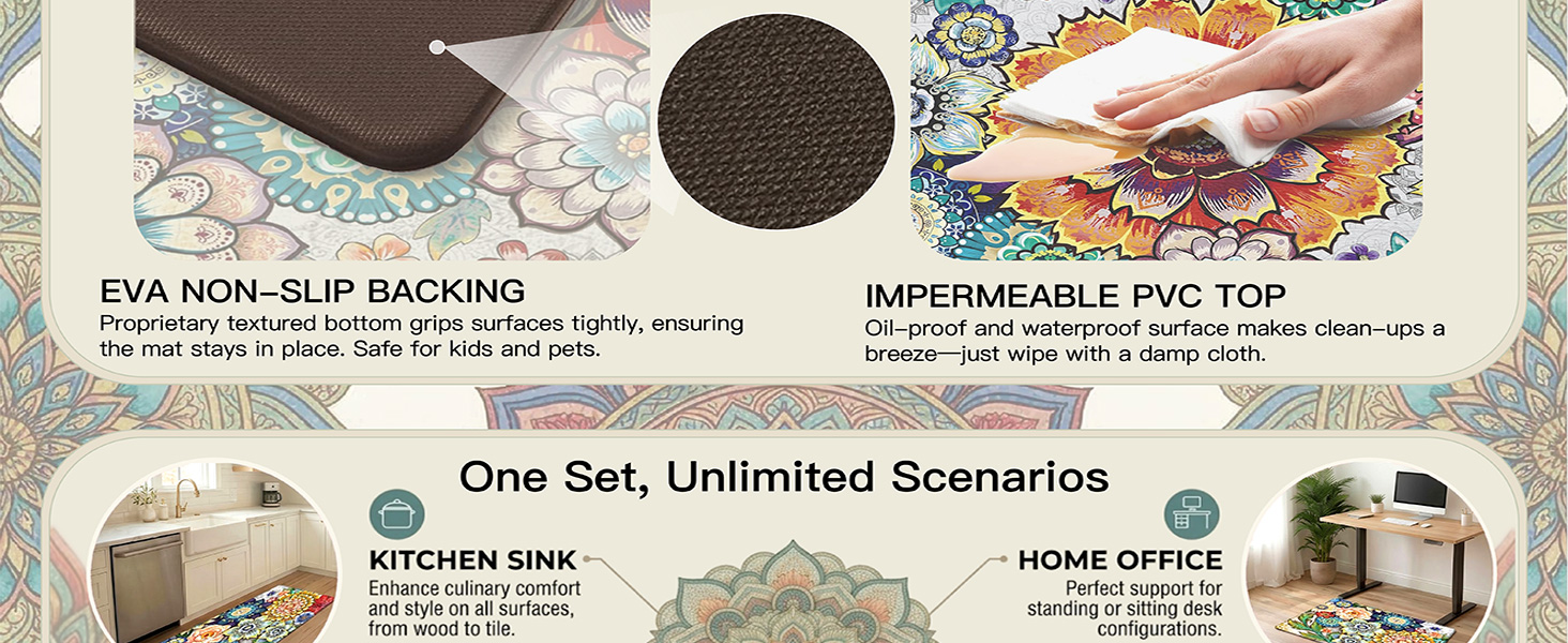 Boho Floral Kitchen Rugs Mats for Floor 2 Piece Memory Foam Padded Kitchen Mats Anti Fatigue Non Slip Cushioned Comfort Standing Mat, 17.3x28+17.3x47 Inch