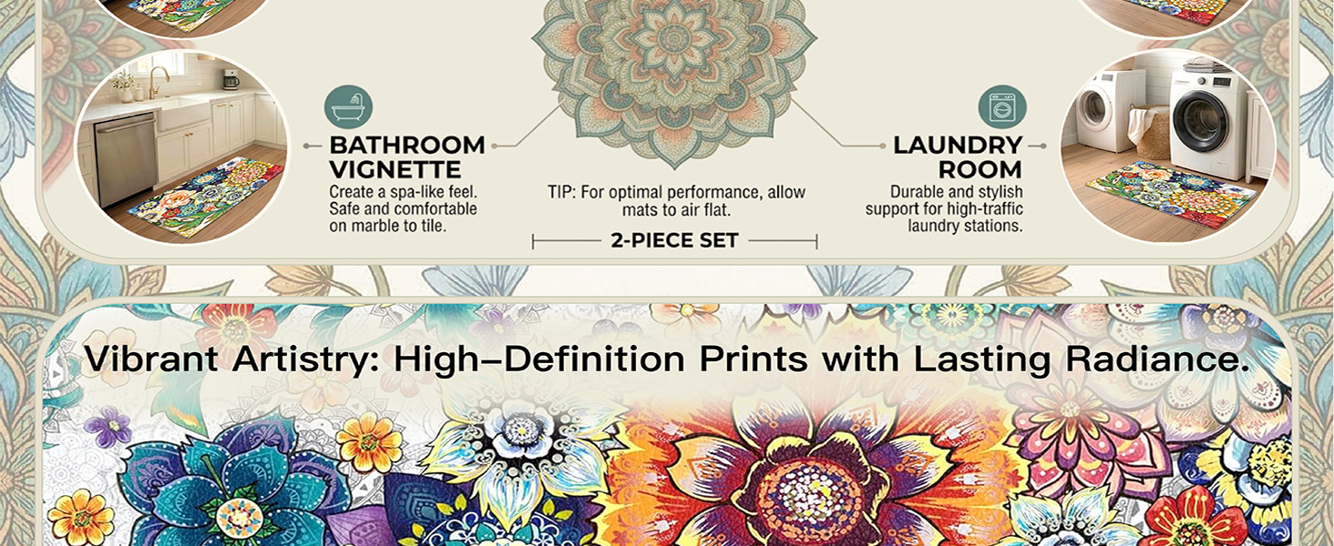 Boho Floral Kitchen Rugs Mats for Floor 2 Piece Memory Foam Padded Kitchen Mats Anti Fatigue Non Slip Cushioned Comfort Standing Mat, 17.3x28+17.3x47 Inch