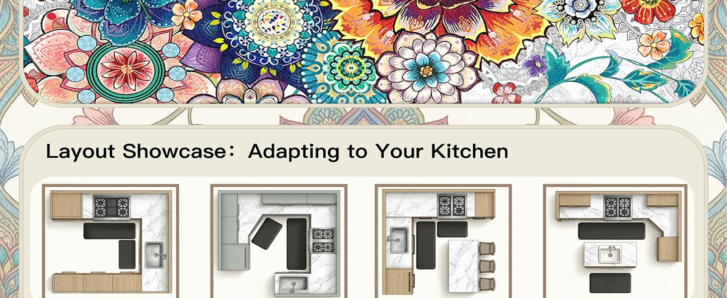 Boho Floral Kitchen Rugs Mats for Floor 2 Piece Memory Foam Padded Kitchen Mats Anti Fatigue Non Slip Cushioned Comfort Standing Mat, 17.3x28+17.3x47 Inch