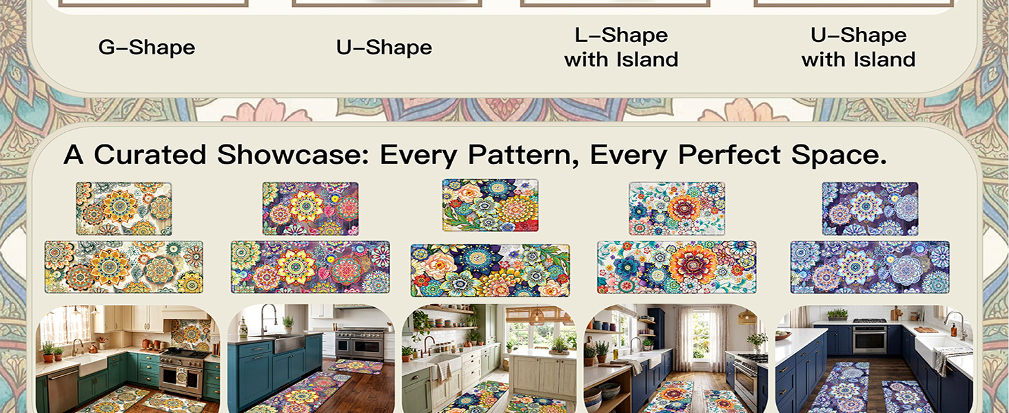 Boho Floral Kitchen Rugs Mats for Floor 2 Piece Memory Foam Padded Kitchen Mats Anti Fatigue Non Slip Cushioned Comfort Standing Mat, 17.3x28+17.3x47 Inch