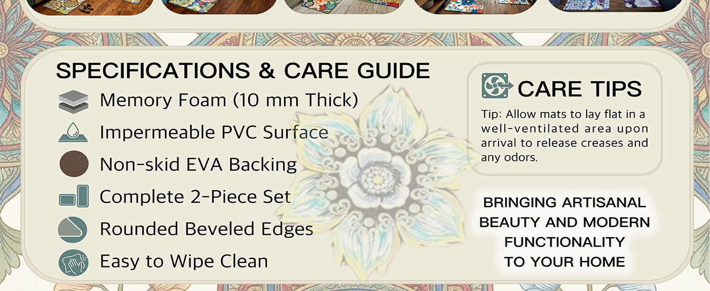 Boho Floral Kitchen Rugs Mats for Floor 2 Piece Memory Foam Padded Kitchen Mats Anti Fatigue Non Slip Cushioned Comfort Standing Mat, 17.3x28+17.3x47 Inch