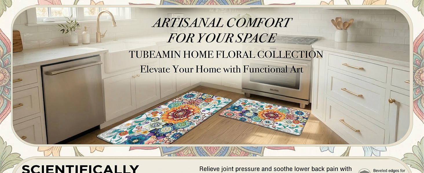 Boho Floral Kitchen Rugs Mats for Floor 2 Piece Memory Foam Padded Kitchen Mats Anti Fatigue Non Slip Cushioned Comfort Standing Mat, 17.3x28+17.3x47 Inch