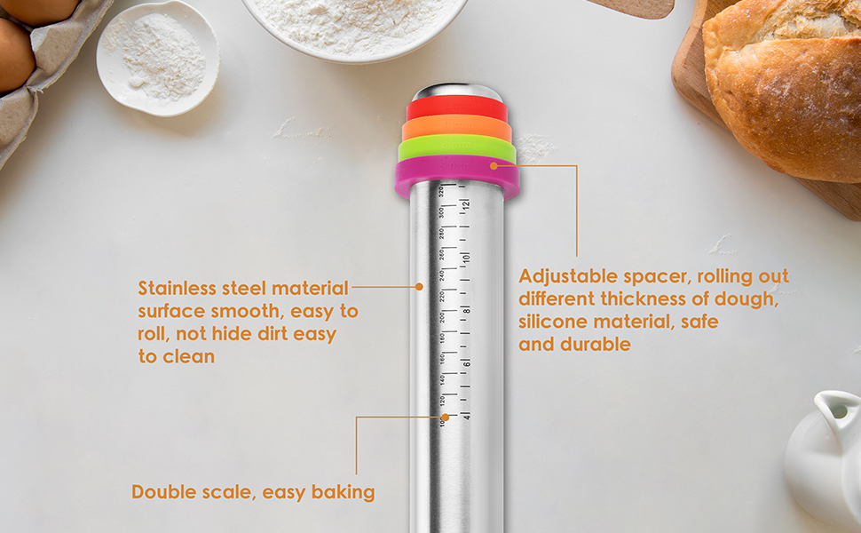 Stainless Steel Rolling Pin with Adjustable Thickness Rings - 4 Interchangeable Sizing Bands for Dumplings/Pasta/Cookies - Nonstick Kitchen Baking Tool