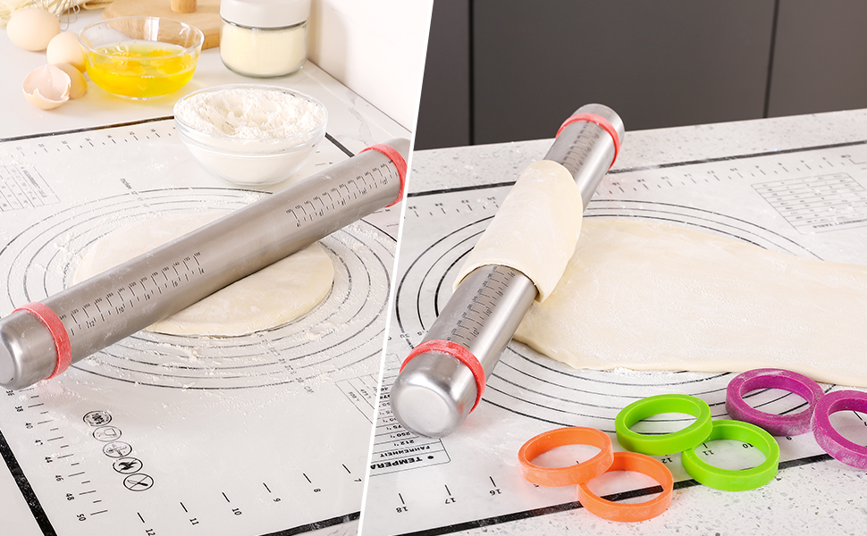 Stainless Steel Rolling Pin with Adjustable Thickness Rings - 4 Interchangeable Sizing Bands for Dumplings/Pasta/Cookies - Nonstick Kitchen Baking Tool