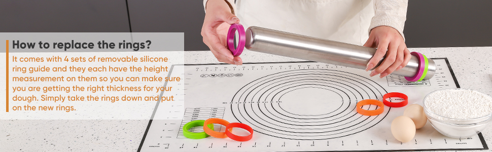 Stainless Steel Rolling Pin with Adjustable Thickness Rings - 4 Interchangeable Sizing Bands for Dumplings/Pasta/Cookies - Nonstick Kitchen Baking Tool