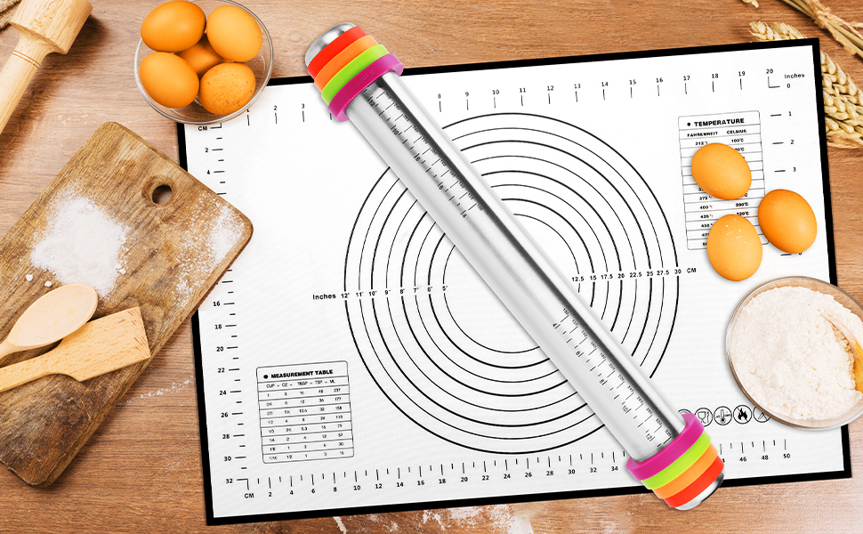 Stainless Steel Rolling Pin with Adjustable Thickness Rings - 4 Interchangeable Sizing Bands for Dumplings/Pasta/Cookies - Nonstick Kitchen Baking Tool