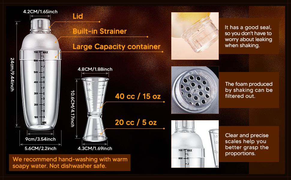 8 Pcs Plastic Cocktail Shaker Set 6 Pcs 24 oz Drink Shaker 2 Pcs Double Measuring Jigger Clear Plastic Bottle Tea Drink Mixer Cocktail Measuring Cup for Kitchen Bar Party Tools