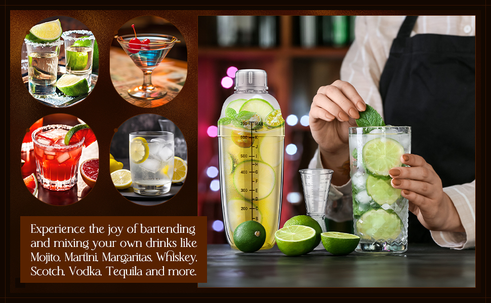 8 Pcs Plastic Cocktail Shaker Set 6 Pcs 24 oz Drink Shaker 2 Pcs Double Measuring Jigger Clear Plastic Bottle Tea Drink Mixer Cocktail Measuring Cup for Kitchen Bar Party Tools