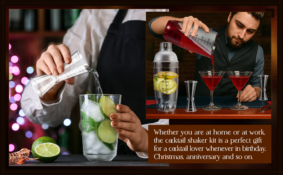 8 Pcs Plastic Cocktail Shaker Set 6 Pcs 24 oz Drink Shaker 2 Pcs Double Measuring Jigger Clear Plastic Bottle Tea Drink Mixer Cocktail Measuring Cup for Kitchen Bar Party Tools