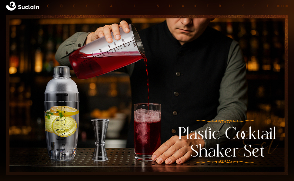 8 Pcs Plastic Cocktail Shaker Set 6 Pcs 24 oz Drink Shaker 2 Pcs Double Measuring Jigger Clear Plastic Bottle Tea Drink Mixer Cocktail Measuring Cup for Kitchen Bar Party Tools