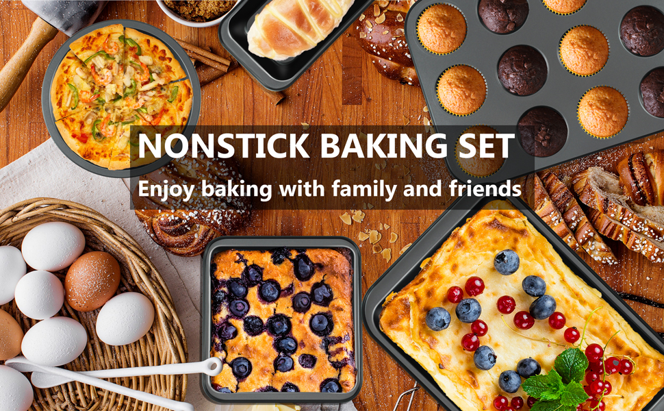 Kitchen 5-Piece Nonstick Bakeware Set - Round/Square Cake Pans, Muffin Pan, Loaf Pan, Roast Pan & Baking Sheets