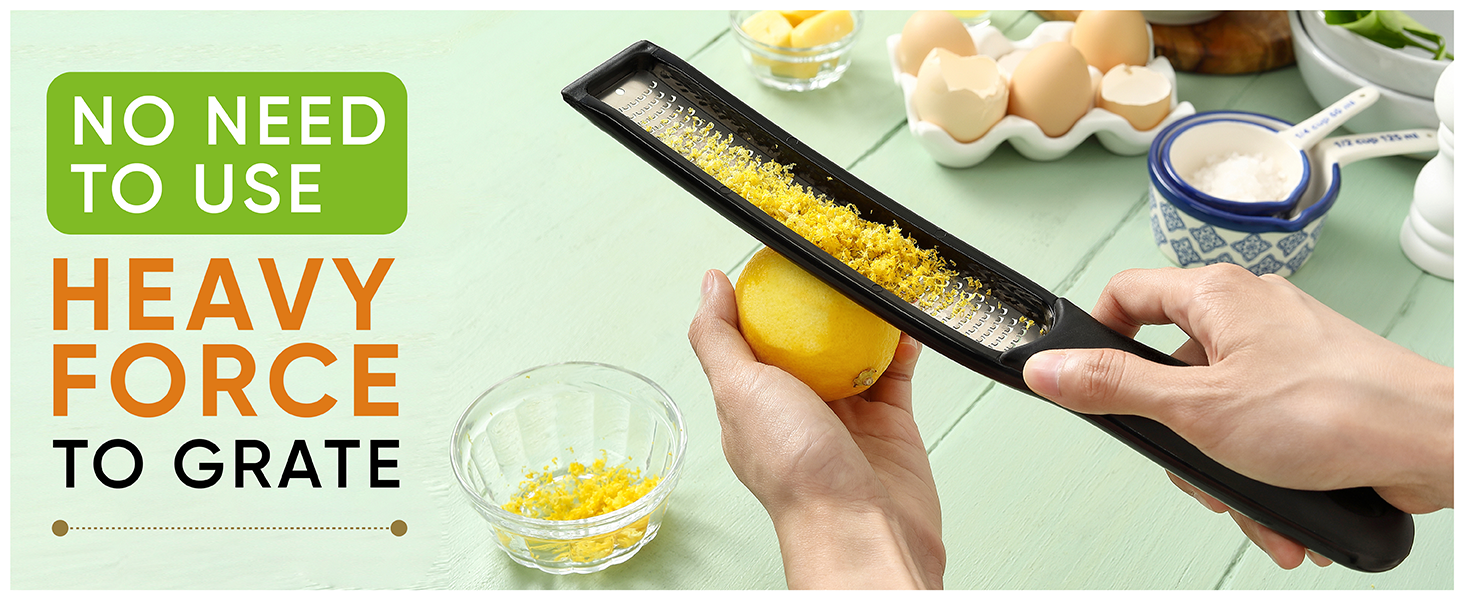 Spring Chef Premium Lemon Zester Grater with Handle - Fruits, Garlic, Chocolate, Nutmeg, Ginger Grater - Heavy Duty Kitchen Tool - Stainless Steel Citrus Zester with Blade Cover - Fine Shred, Black