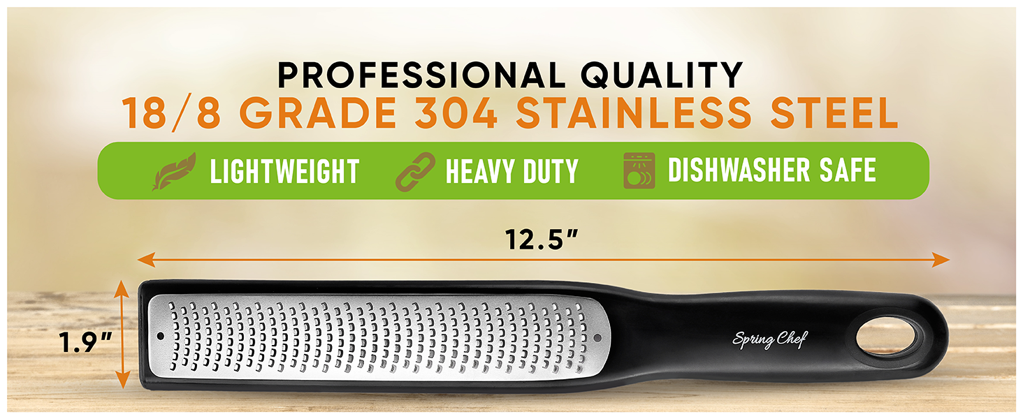 Spring Chef Premium Lemon Zester Grater with Handle - Fruits, Garlic, Chocolate, Nutmeg, Ginger Grater - Heavy Duty Kitchen Tool - Stainless Steel Citrus Zester with Blade Cover - Fine Shred, Black