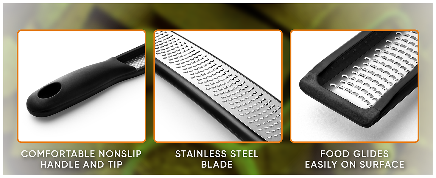 Spring Chef Premium Lemon Zester Grater with Handle - Fruits, Garlic, Chocolate, Nutmeg, Ginger Grater - Heavy Duty Kitchen Tool - Stainless Steel Citrus Zester with Blade Cover - Fine Shred, Black