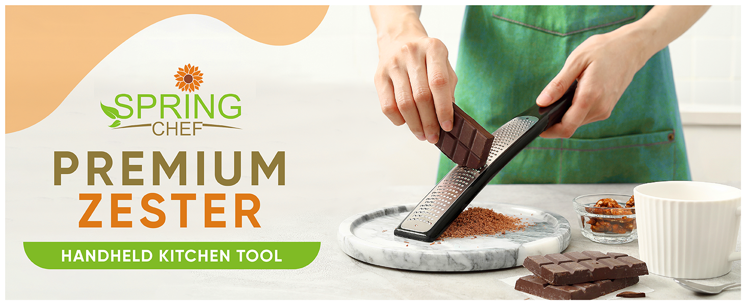 Spring Chef Premium Lemon Zester Grater with Handle - Fruits, Garlic, Chocolate, Nutmeg, Ginger Grater - Heavy Duty Kitchen Tool - Stainless Steel Citrus Zester with Blade Cover - Fine Shred, Black
