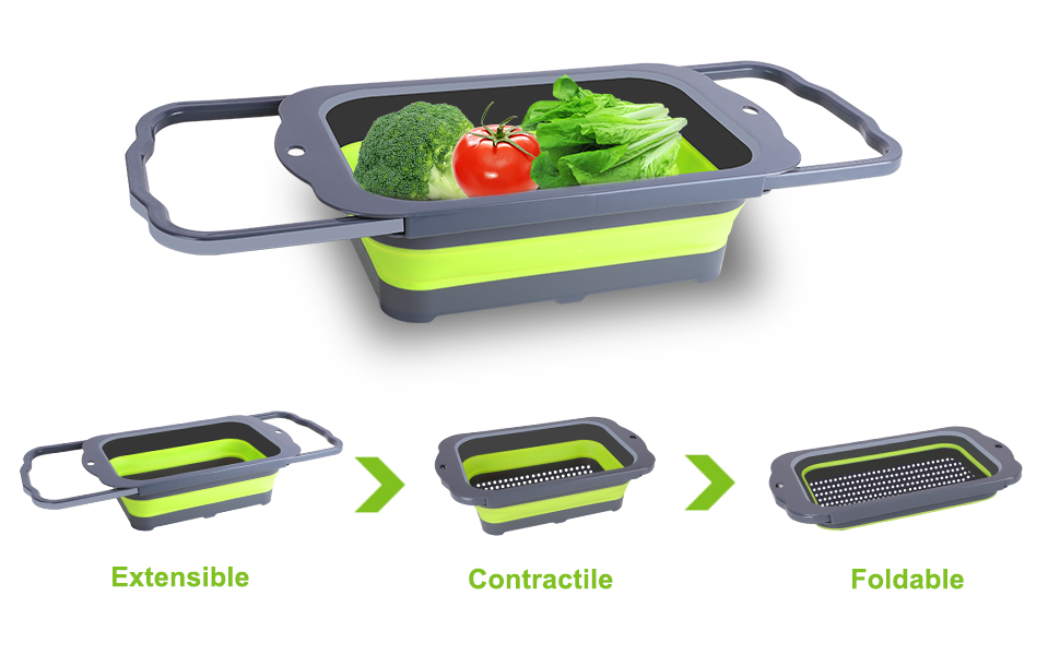QiMH Colander Collapsible, Over Sink Silicone 9 Quart(8.5L) Extra Large Kitchen Strainers with Extendable Handles, Veggies, Fruit and Pasta Foldable Strainer, BPA Free, Kitchen Essential