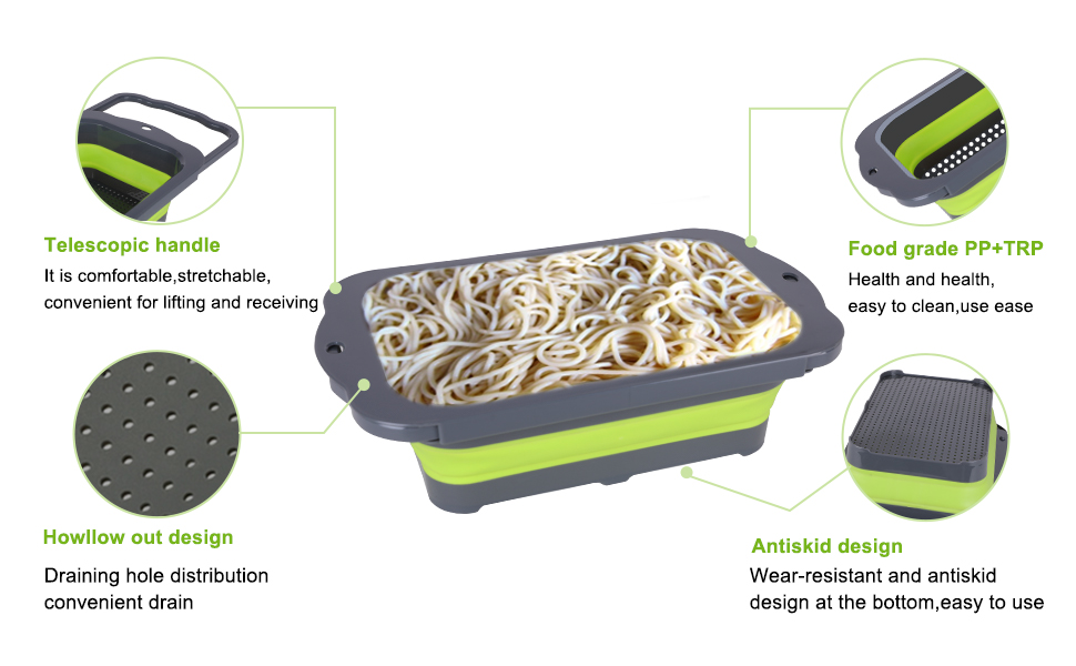 QiMH Colander Collapsible, Over Sink Silicone 9 Quart(8.5L) Extra Large Kitchen Strainers with Extendable Handles, Veggies, Fruit and Pasta Foldable Strainer, BPA Free, Kitchen Essential