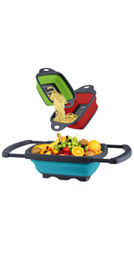 QiMH Colander Collapsible, Over Sink Silicone 9 Quart(8.5L) Extra Large Kitchen Strainers with Extendable Handles, Veggies, Fruit and Pasta Foldable Strainer, BPA Free, Kitchen Essential