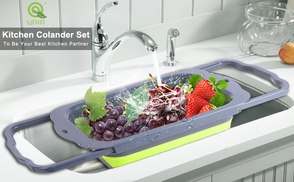 QiMH Colander Collapsible, Over Sink Silicone 9 Quart(8.5L) Extra Large Kitchen Strainers with Extendable Handles, Veggies, Fruit and Pasta Foldable Strainer, BPA Free, Kitchen Essential