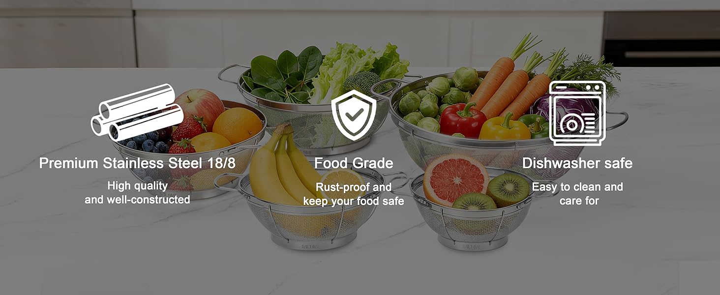 5 Pack 18/8 Stainless Steel Colander Sieves, Multi Size Mesh Strainer Net Baskets with Handles & Resting Base for Strain, Drain, Rinse or Steam