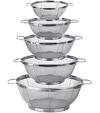 5 Pack 18/8 Stainless Steel Colander Sieves, Multi Size Mesh Strainer Net Baskets with Handles & Resting Base for Strain, Drain, Rinse or Steam