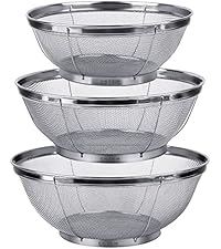 5 Pack 18/8 Stainless Steel Colander Sieves, Multi Size Mesh Strainer Net Baskets with Handles & Resting Base for Strain, Drain, Rinse or Steam