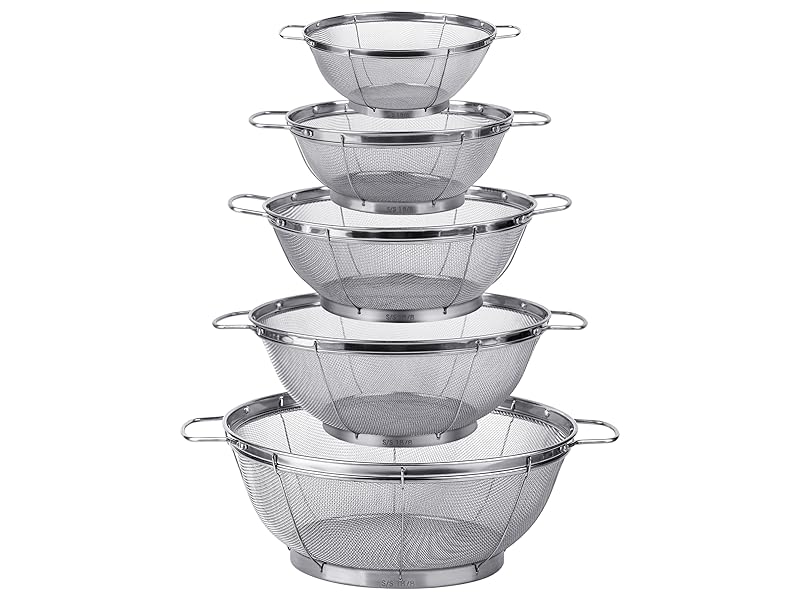5 Pack 18/8 Stainless Steel Colander Sieves, Multi Size Mesh Strainer Net Baskets with Handles & Resting Base for Strain, Drain, Rinse or Steam