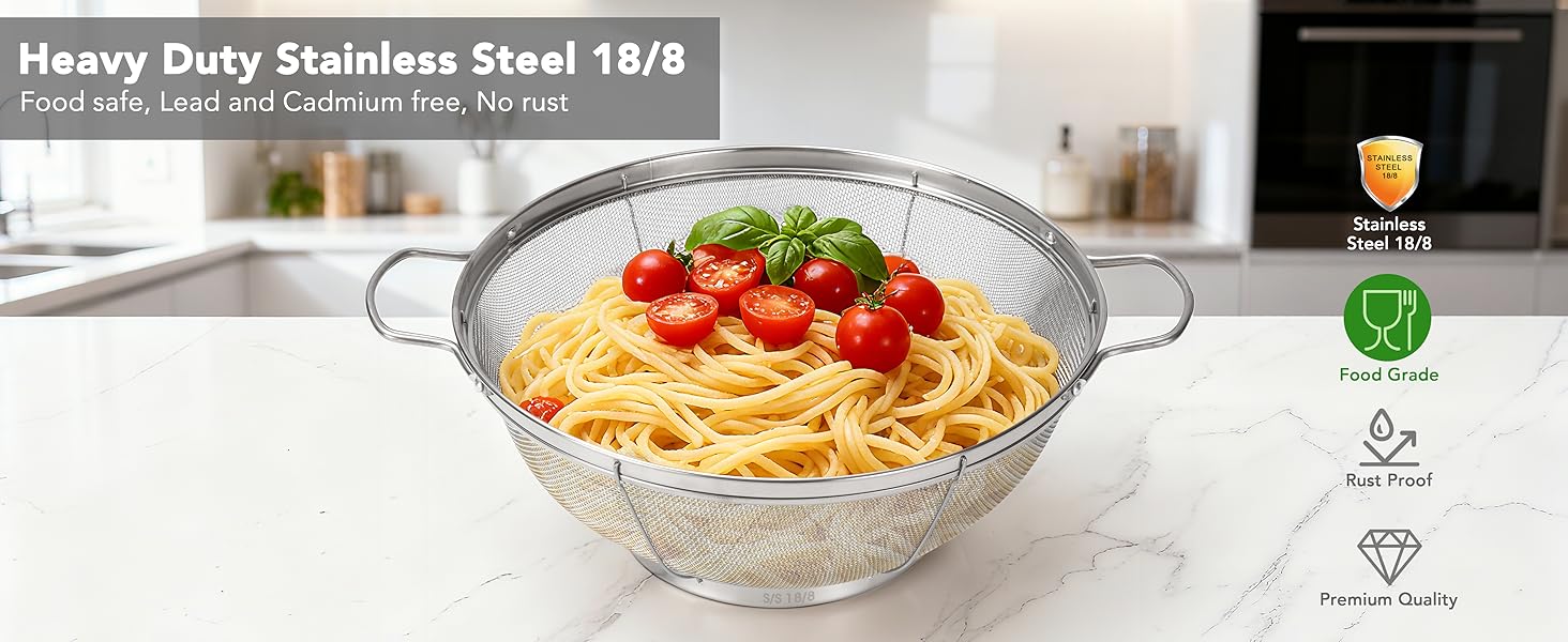 5 Pack 18/8 Stainless Steel Colander Sieves, Multi Size Mesh Strainer Net Baskets with Handles & Resting Base for Strain, Drain, Rinse or Steam