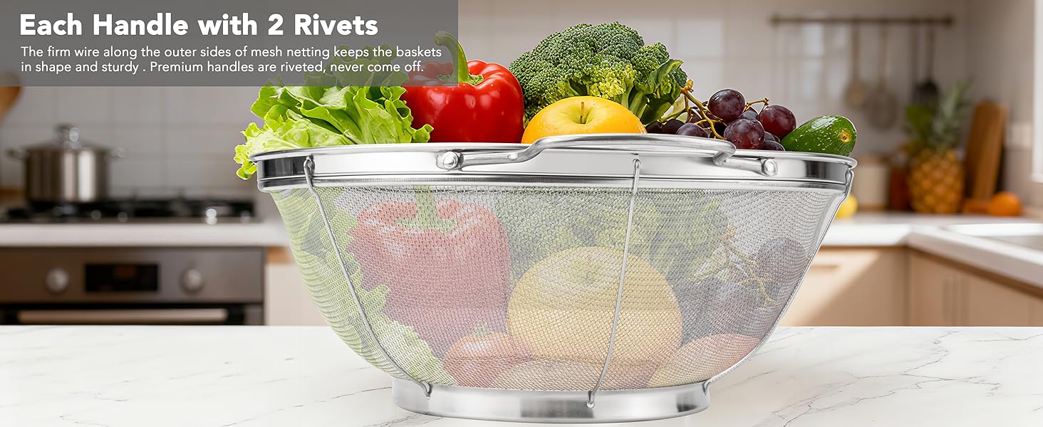 5 Pack 18/8 Stainless Steel Colander Sieves, Multi Size Mesh Strainer Net Baskets with Handles & Resting Base for Strain, Drain, Rinse or Steam