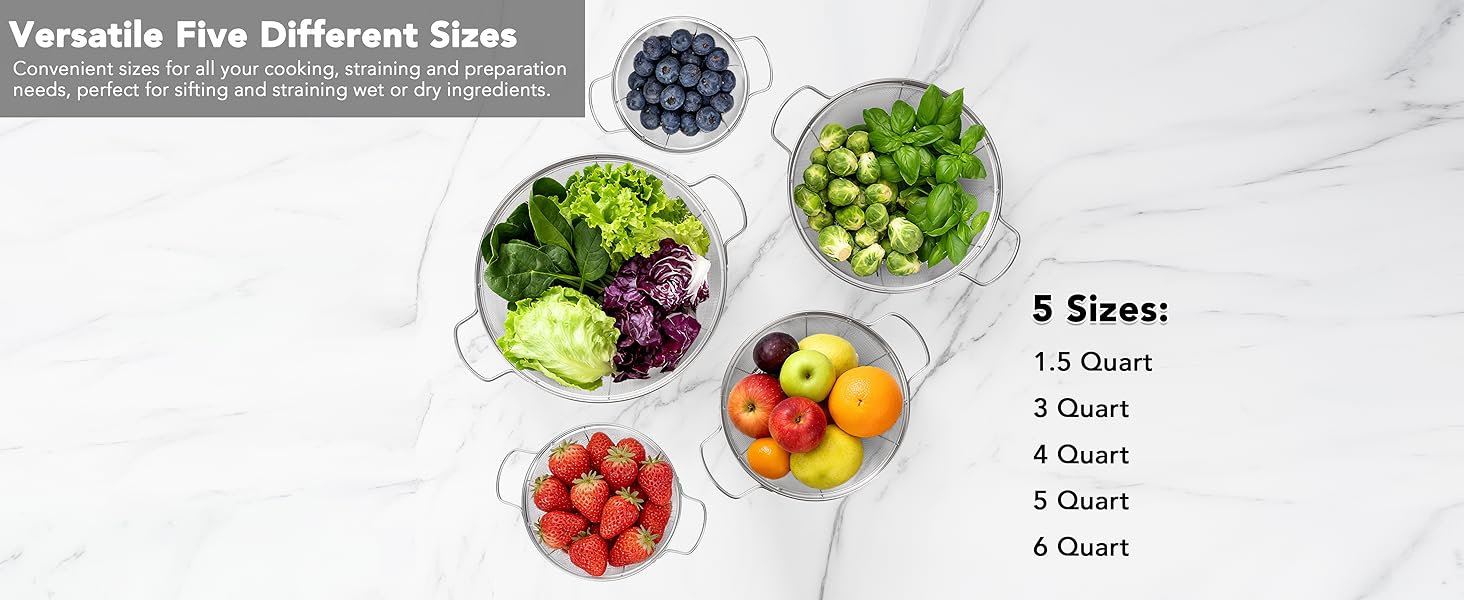 5 Pack 18/8 Stainless Steel Colander Sieves, Multi Size Mesh Strainer Net Baskets with Handles & Resting Base for Strain, Drain, Rinse or Steam